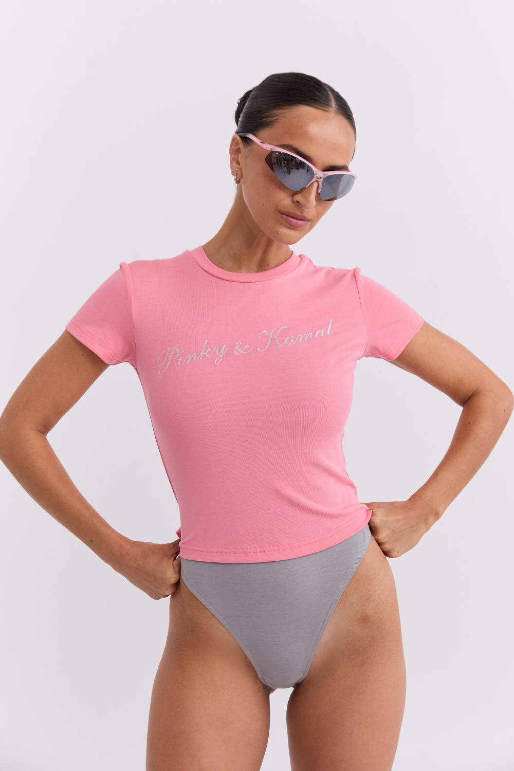 Powdered Silver Logo Baby Tee Pink | Pinky & Kamal