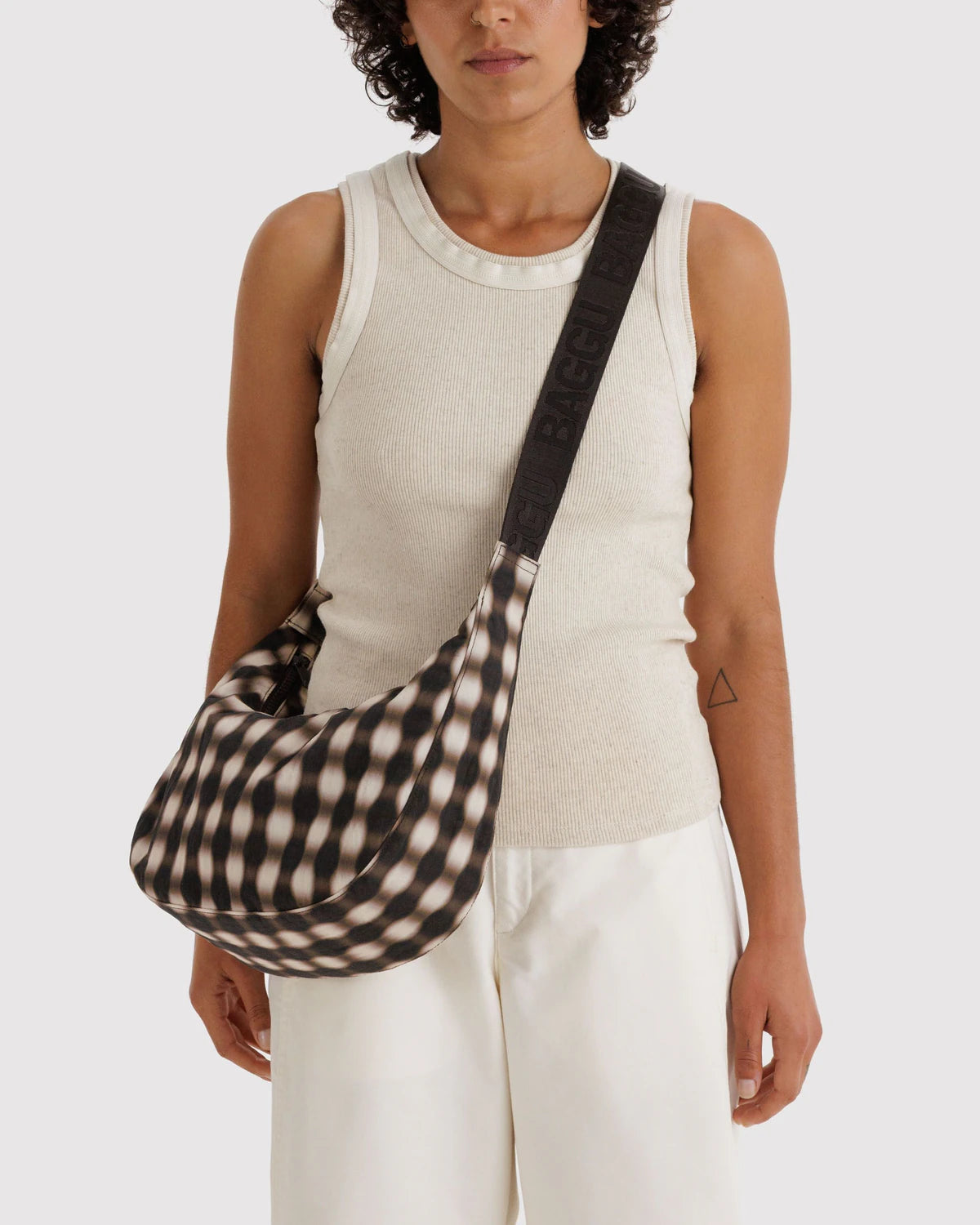 Medium Nylon Crescent Bag - Blurred Gingham Brown | Baggu