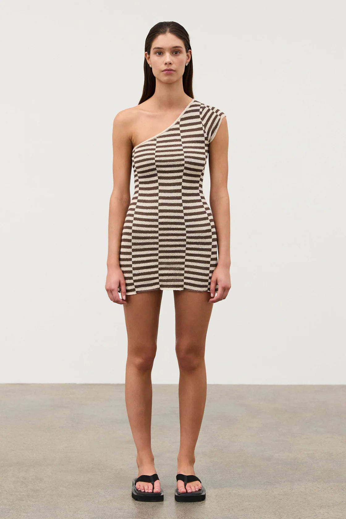 Cocoa Grid Textured One-Shoulder Knit Dress | Zulu & Zephyr