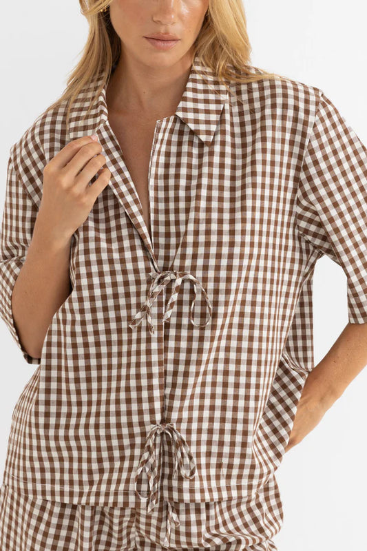 Birdie Gingham Tie Front Top - Brown | Rhythm