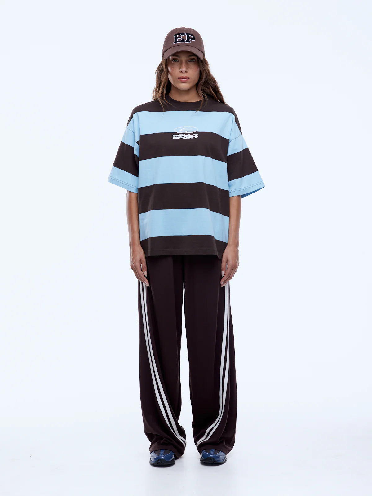 Pelly Sports Stripe Tee - Cloud Blue/Cocoa Stripe | Ena Pelly