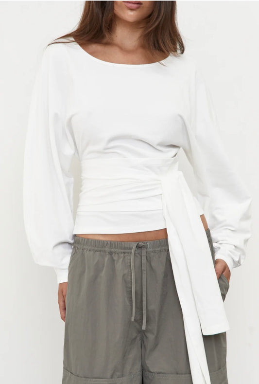 Waist Wrap Long Sleeve Top - White | Pinky & Kamal