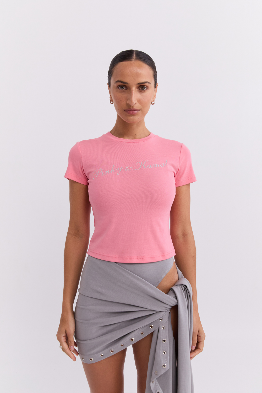 Powdered Silver Logo Baby Tee Pink | Pinky & Kamal
