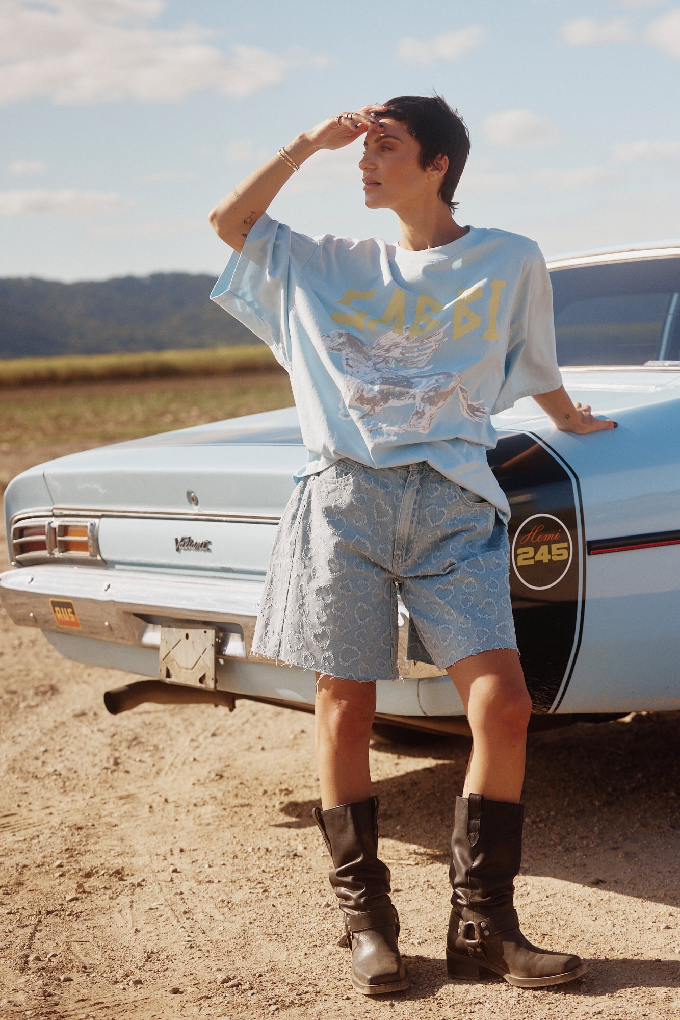 The Very Oversized Rhinestone Girl Sky Tee | Sabbi