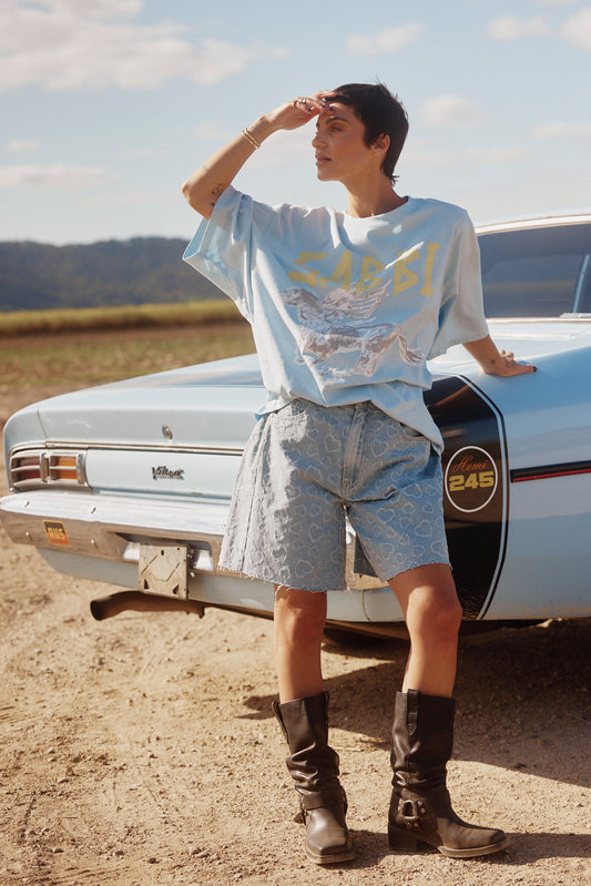 The Very Oversized Rhinestone Girl Sky Tee | Sabbi