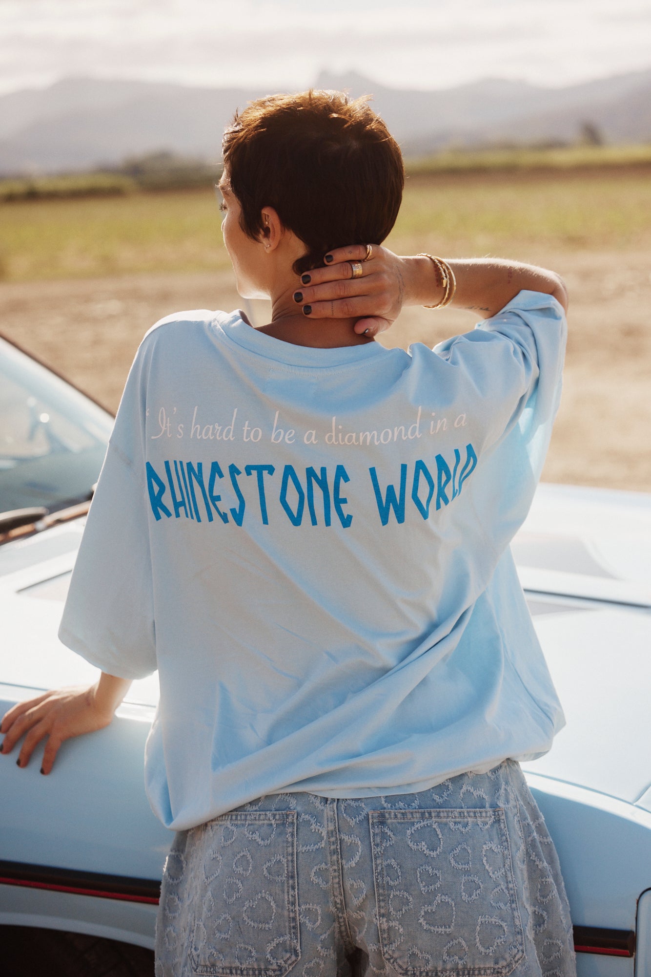 The Very Oversized Rhinestone Girl Sky Tee | Sabbi