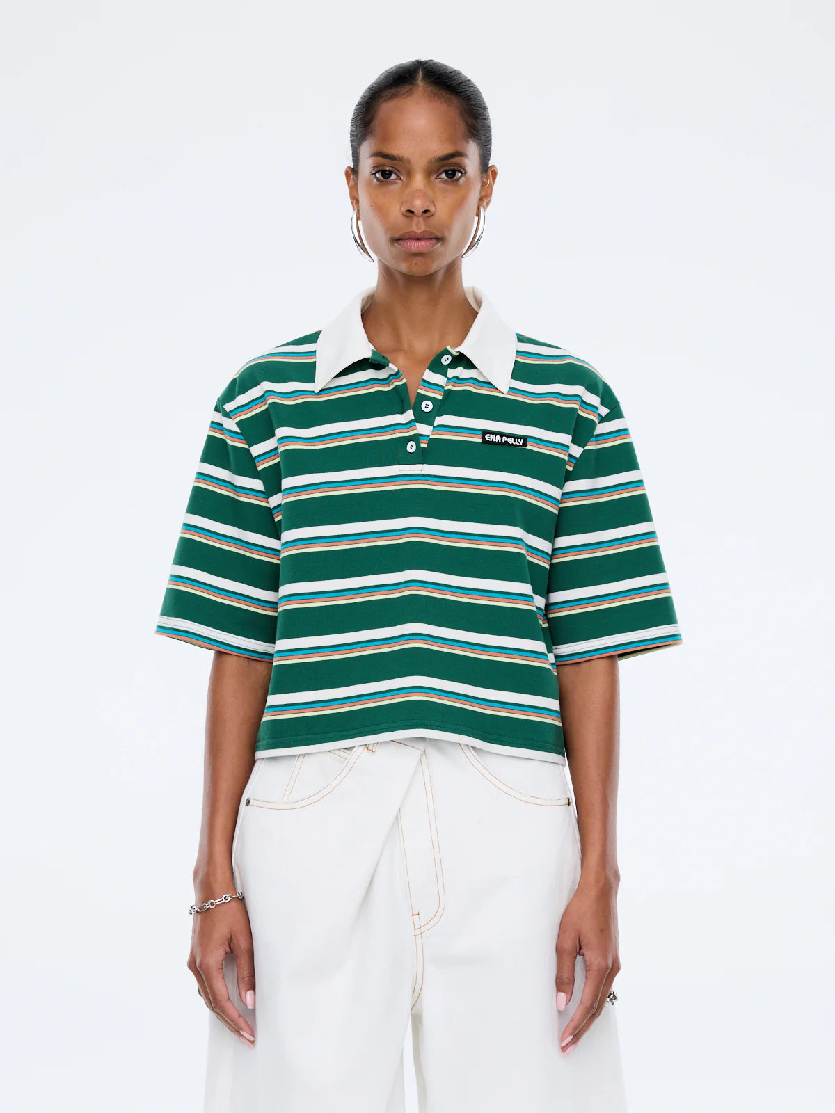 Violet Short Sleeve Polo - Sage Stripe | Ena Pelly