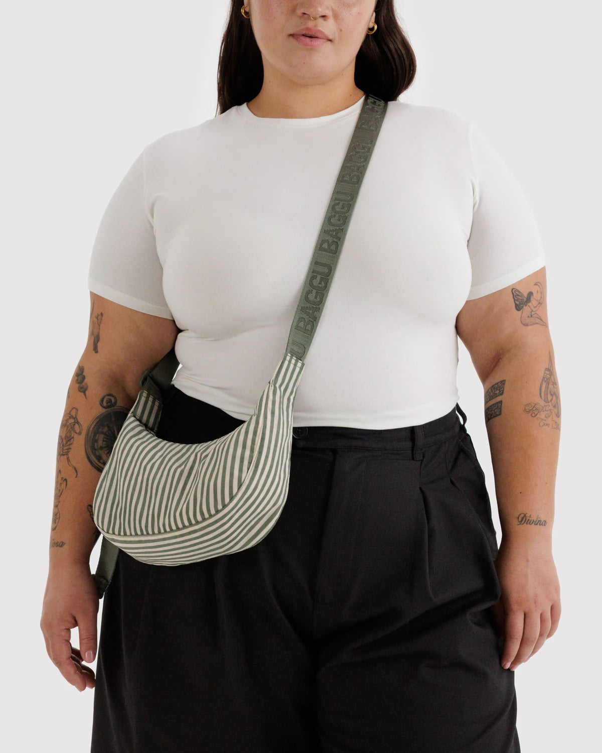 Small Nylon Crescent Bag - Sage Stripe | Baggu