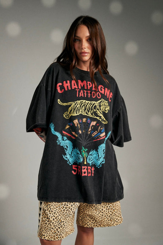 Champagne Tattoo Tee - Black | Sabbi