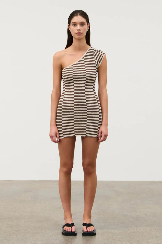 Cocoa Grid Textured One-Shoulder Knit Dress | Zulu & Zephyr