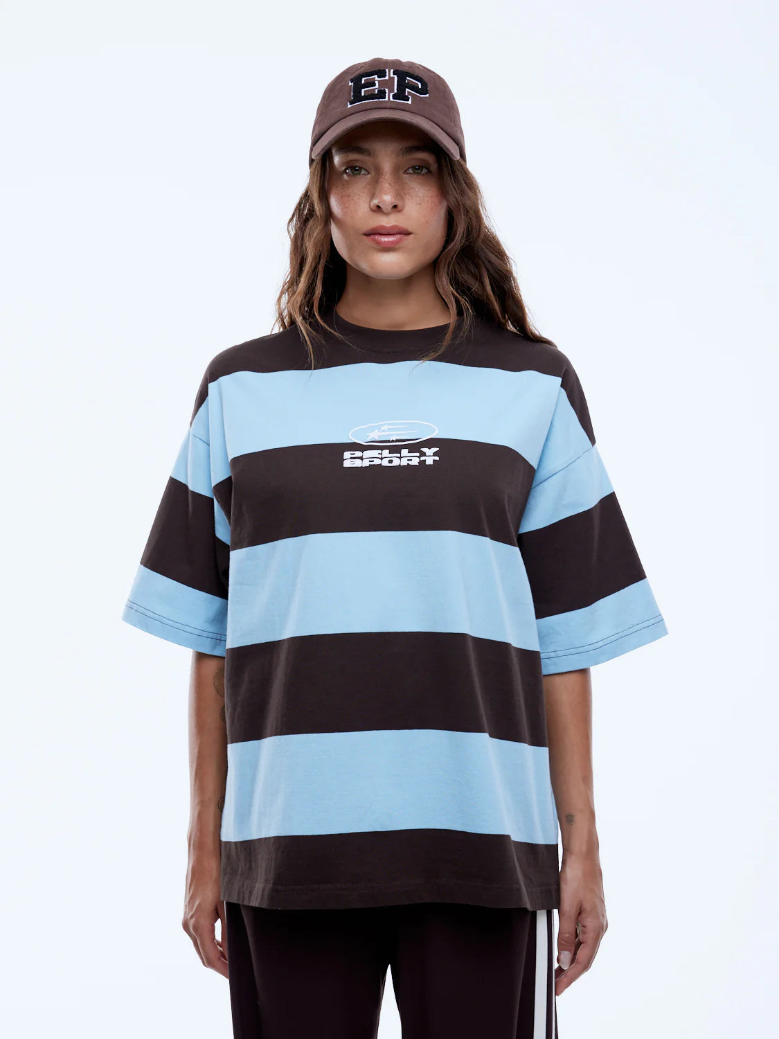 Pelly Sports Stripe Tee - Cloud Blue/Cocoa Stripe | Ena Pelly
